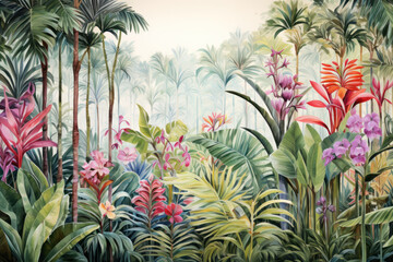 Obraz premium Tropical rainforest flora in pastel watercolor tones. Wall art wallpaper