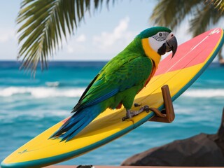 Parrot perched on a colorful surfboard