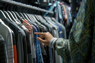 A person is pointing at a rack of clothes, great for use in illustrations about fashion or lifestyle