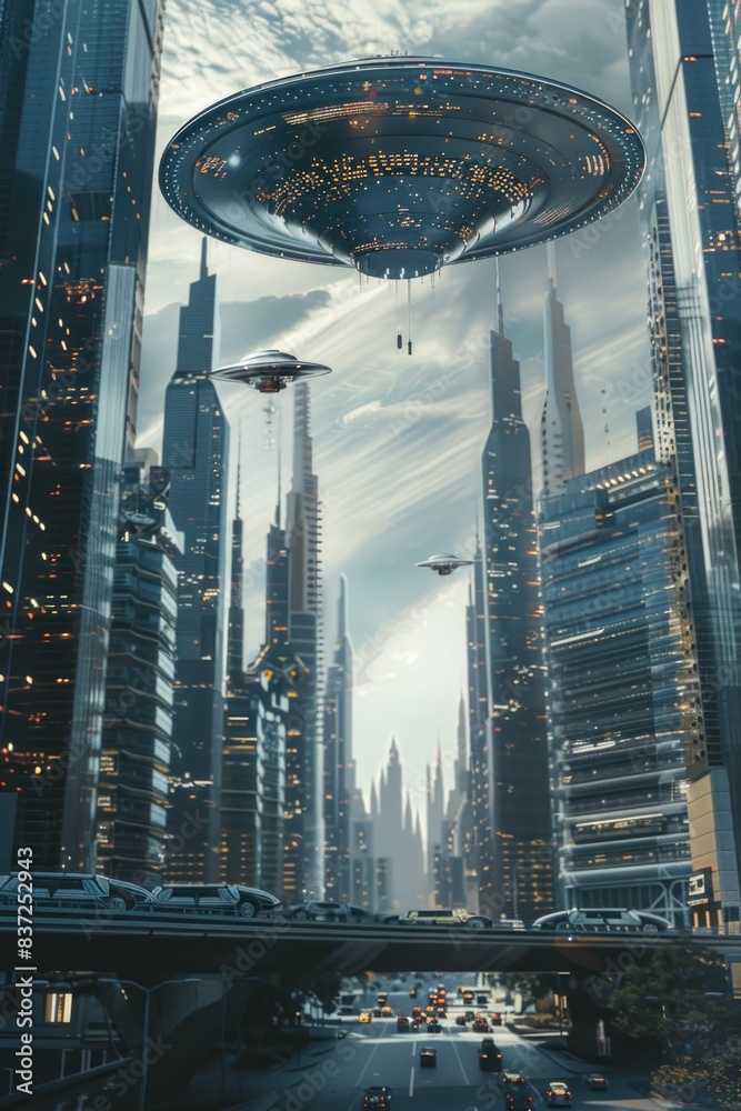 Poster a futuristic cityscape with a flying saucer hovering above, ideal for use in sci-fi or technology-th