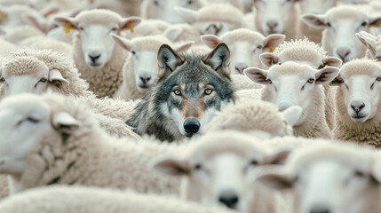 A wolf hiding among a flock of sheep. Deceptive wolf in sheep`s clothing.   © Martinesku