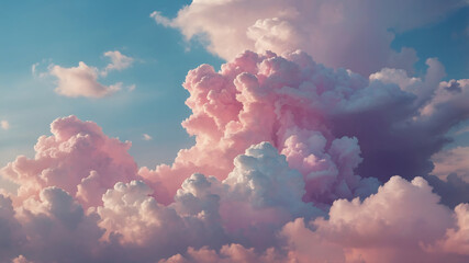Cloudscape Sky with Puffy White and Pink Clouds - Serene Atmospheric Scene