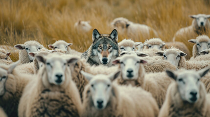 Obraz premium A wolf hiding among a flock of sheep. Deceptive wolf in sheep`s clothing. 