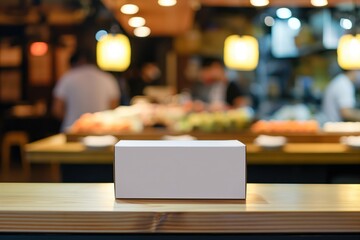 Blank white box on wooden counter