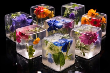 Colorful Flowers Frozen in Ice Cubes