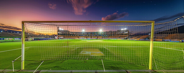 Obraz premium The isolated beauty of an empty football stadium at night, viewed from behind one goal, showcasing the entire structure and field with extensive copy space in the sky.