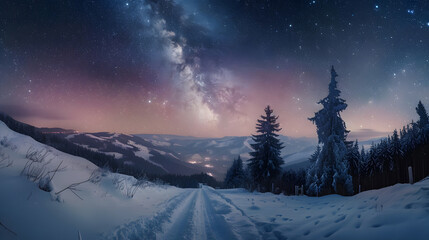 Fototapeta premium Night photos in the Ukrainian Carpathian Mountains with a bright starry sky and the Milky Way design.