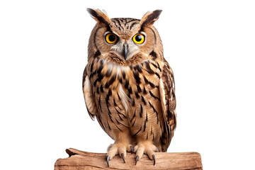 Obraz premium A majestic brown owl with piercing yellow eyes perches on a weathered branch, its feathers detailed and sharp.
