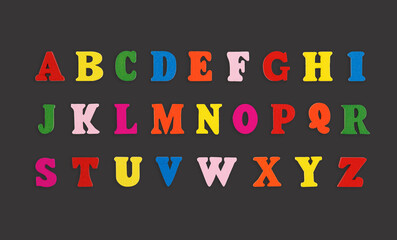wooden letters of the English alphabet multi-colored on a grey background