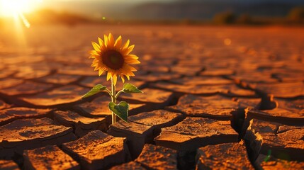 Sunflower flower on a barren land with its back to the sun.
