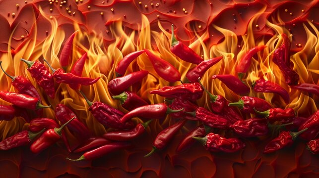  A background of red chili peppers on fire.