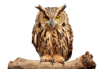 Fototapeta premium A majestic owl with piercing yellow eyes perches on a branch, its feathers beautifully patterned.