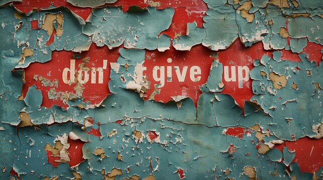 Wall with old paint peeling off and the word &rdquo;don&rsquo;t give up&rdquo; appearing on the layer underneath.