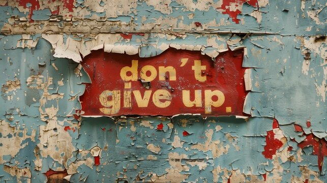 Wall with old paint peeling off and the word &rdquo;don&rsquo;t give up&rdquo; appearing on the layer underneath.