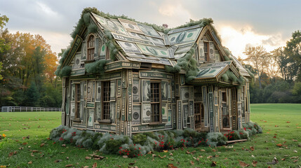 Fototapeta premium A house made entirely of US dollar bills, situated in a grassy field with trees in the background. The house is detailed with various denominations of currency,