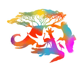 Welcome to Africa poster. Africa abstract animals colored silhouette. hand drawing. Not AI, Vector illustration