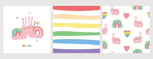 Gay Pride or LGBT Happy Pride Month. Diverse set of vector cartoon illustration cards. LGBTQ Rainbow Motifs. Design for decor. Snails and seamless pattern