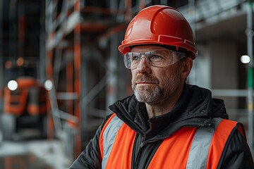 Mature construction worker with helmet and vest