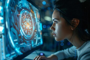 Close-up photo of a Hispanic female cybersecurity expert examining a holographic display of an impenetrable fortress using her computer at the office.
