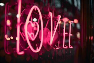 Vibrant Neon Sign Spelling Love in Pink Letters Against a Rainy Window Overlooking a City Street at Night