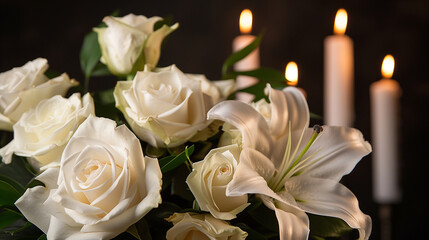 Obraz premium A close-up of a bouquet of white roses and lilies with lit candles in the background, creating a serene and elegant atmosphere.