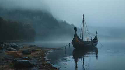 Majestic Viking longship docked on a misty Scandinavian shoreline. 8k, realistic, full ultra HD, high resolution and cinematic photography - Powered by Adobe