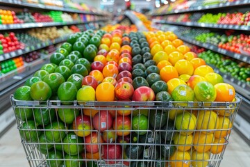 Shopping Cart Filled With Various Fresh Fruits