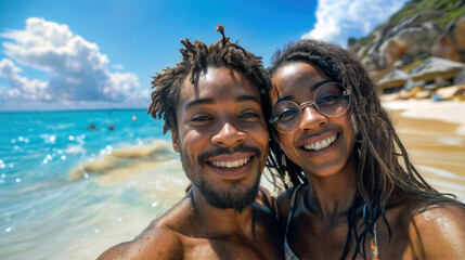 Fototapeta premium Happy couple taking a selfie on the beach smiling to the camera. Summer vacation concep