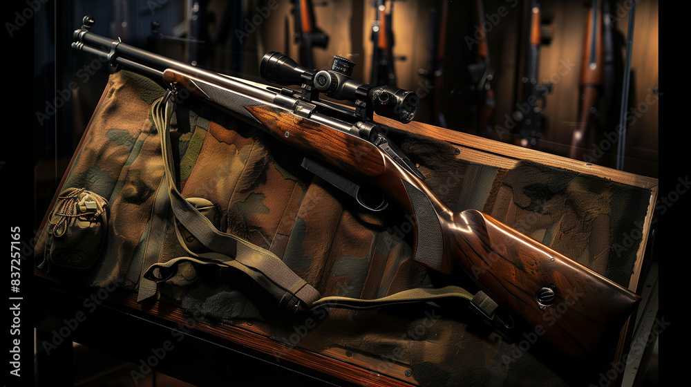 Wall mural A high-quality image of a hunting rifle with a wooden stock and scope, displayed on a camouflage cloth with other rifles in the background. - Wall murals