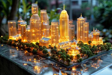 City Model Glowing Brightly in Night Lights