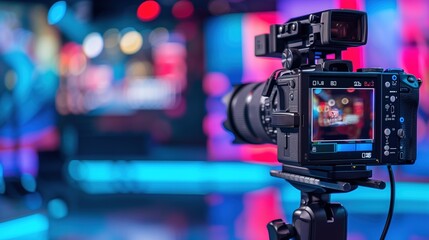 Professional Video Camera Focused on a Busy TV Studio