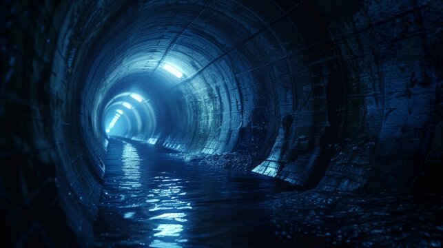 Moody, dimly-lit sewer tunnel with reflective water creating an eerie atmosphere. Blue light highlights the depth and textures of the tunnel walls.