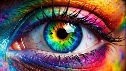 Closeup of a vibrant, ink-colored human eye , colorful, closeup, detailed, beautiful, generative AI, zoom in, eye, iris, pupil, sight, vision, abstract, macro, texture, pattern, vibrant, design