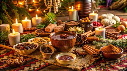 Warm and cozy cacao ceremony setting with herbal ingredients and decorative elements , cacao, ceremony, ritual, warmth, herbs, spiritual, traditional, cozy, drink, chocolate, meditation