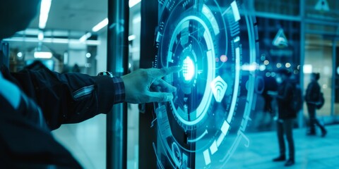 Person interacts with futuristic digital display in a modern urban setting, showcasing advanced technology and user interface innovation.
