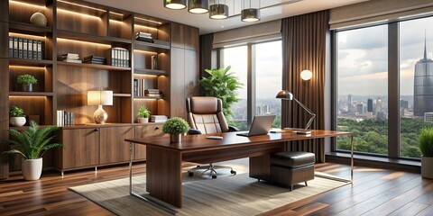 Modern office setting with luxurious desk and chair
