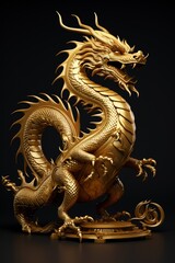 3D model of golden dragon, intricate scales, majestic pose, side view