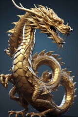 Fototapeta premium 3D model of golden dragon, intricate scales, majestic pose, side view