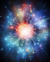 Obraz premium Abstract illustration of quantum nuclear fusion, vibrant energy particles, dynamic composition