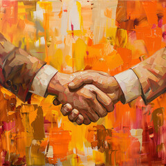 Obraz premium Vibrant Painting of a Handshake Against a Dynamic Abstract Background in Shades of Orange and Yellow Symbolizing Partnership and Agreement