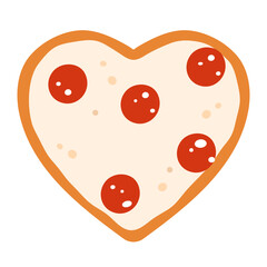 Heart shaped pepperoni pizza. Pizza with salami. Italian romantic fast food. Vector illustration in cartoon style. Isolated on white background
