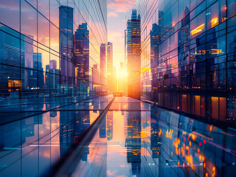 vista de de la ciudad al atardecer desde un rascacielos de cristal