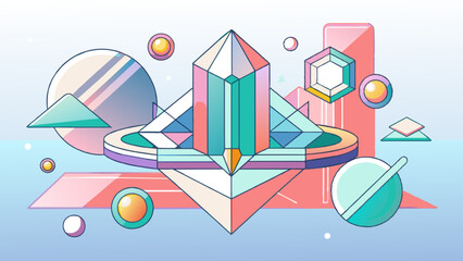 Abstract Geometric Landscape with Vibrant Crystals and Spheres Illustration