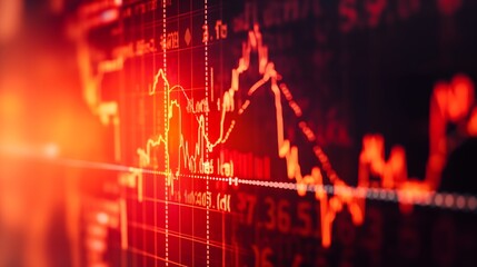 Close-up view of stock market data graph with red lighting, displaying fluctuating financial trends, suitable for finance or investment topics.