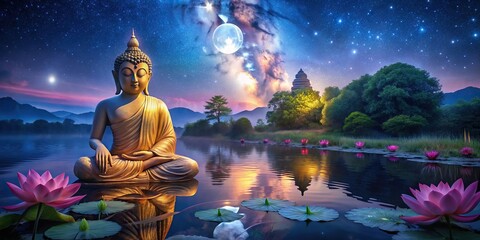 Lord Buddha in meditation pose by lotus river at temple under night sky