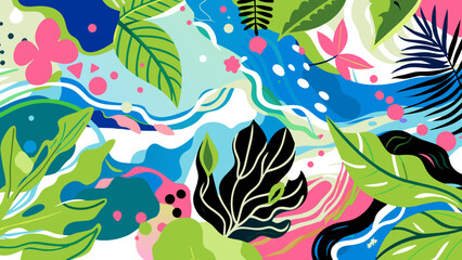 Obraz premium Vibrant Tropical Floral Pattern with Flowing Abstract Elements