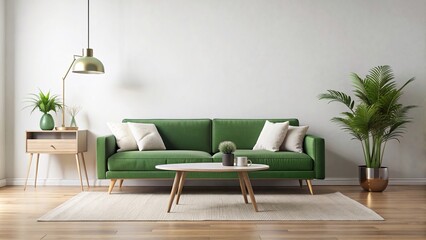 Minimalistic living room with green sofa and table against white wall, minimalistic, living room, green sofa, table, white wall, simple, modern, clean, interior design, home decor, cozy