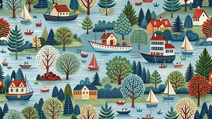 Folk river scene with boats and trees seamless pattern wallpaper print, folk, river, scene,seamless pattern, wallpaper, print