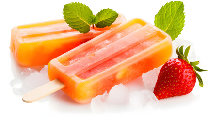 Orange and strawberry popsicles isolated on white