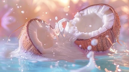 ethereal coconut dreamscape pastel hues splashing milk and water surreal composition tropical vibes abstract background